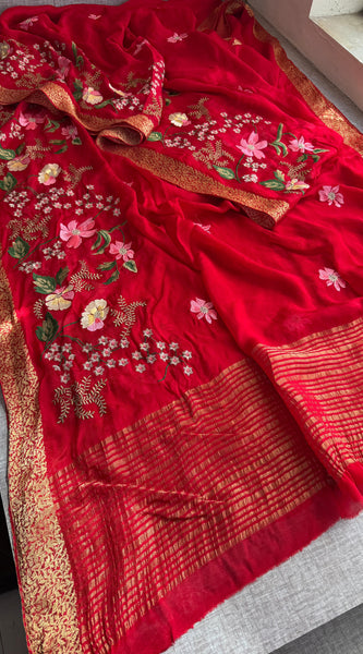 Pure Chinon Crepe Banarasi Saree with Multi-Thread Embroidery
