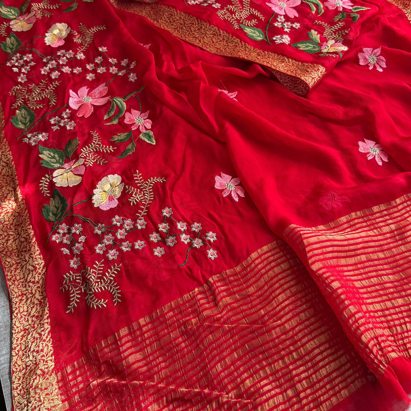 Pure Chinon Crepe Banarasi Saree with Multi-Thread Embroidery